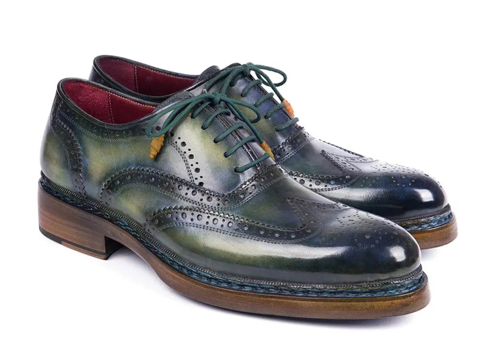 Paul Parkman Men's Green/Blue Triple Genuine Leather Sole Wingtip Brogues (ID#0225TRP-GRN) PAUL PARKMAN