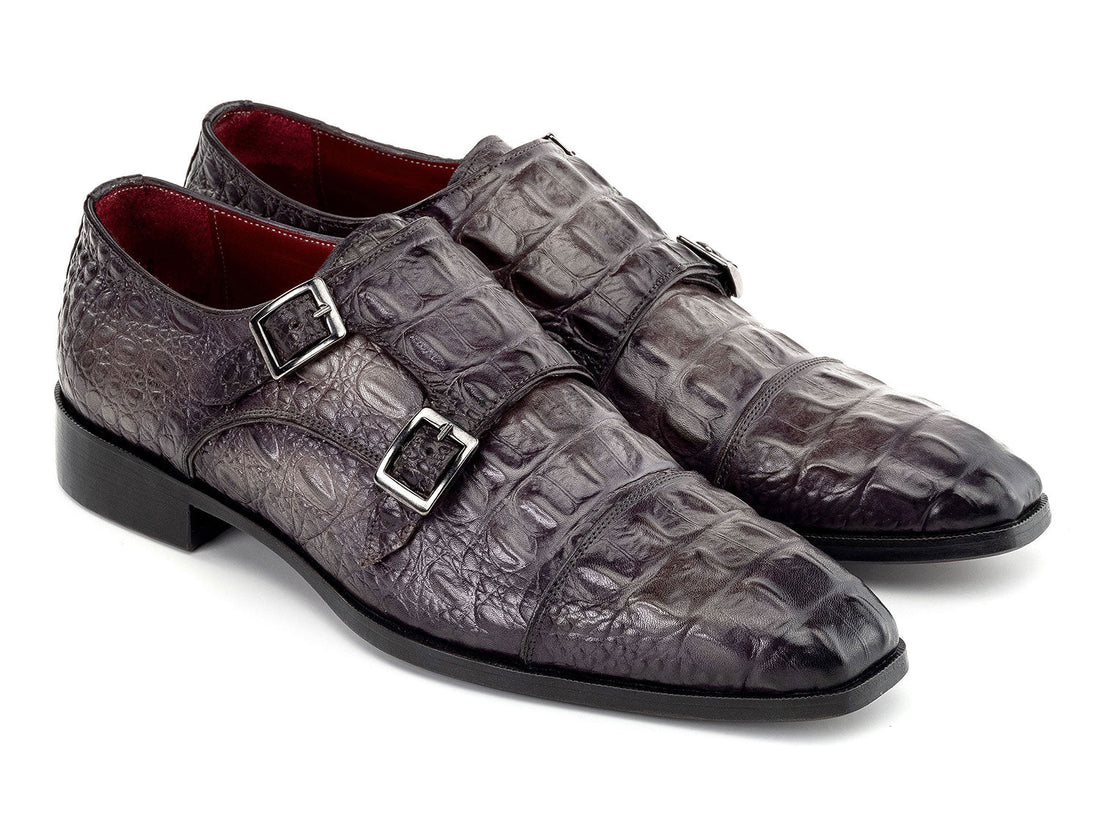 Paul Parkman Men's Gray Crocodile Textured Genuine Leather Double Monk strap Shoes (ID#045BF96)