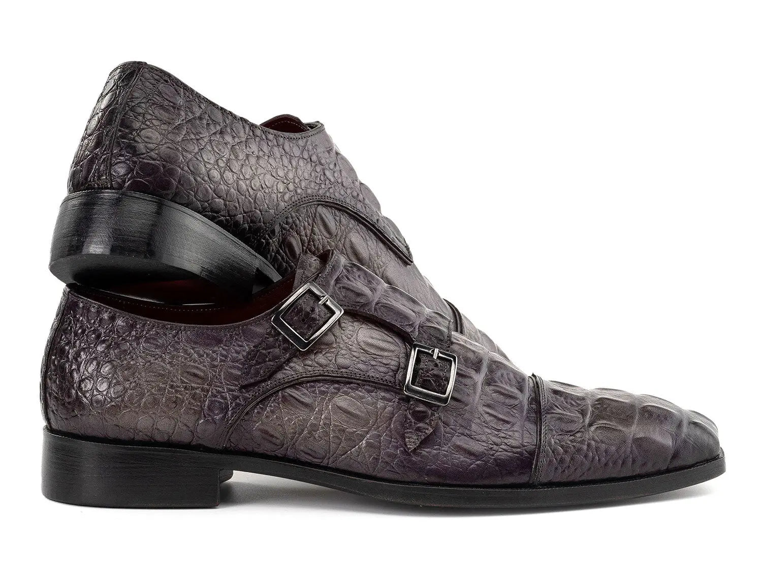 Paul Parkman Men's Gray Crocodile Textured Genuine Leather Double Monk strap Shoes (ID#045BF96) PAUL PARKMAN