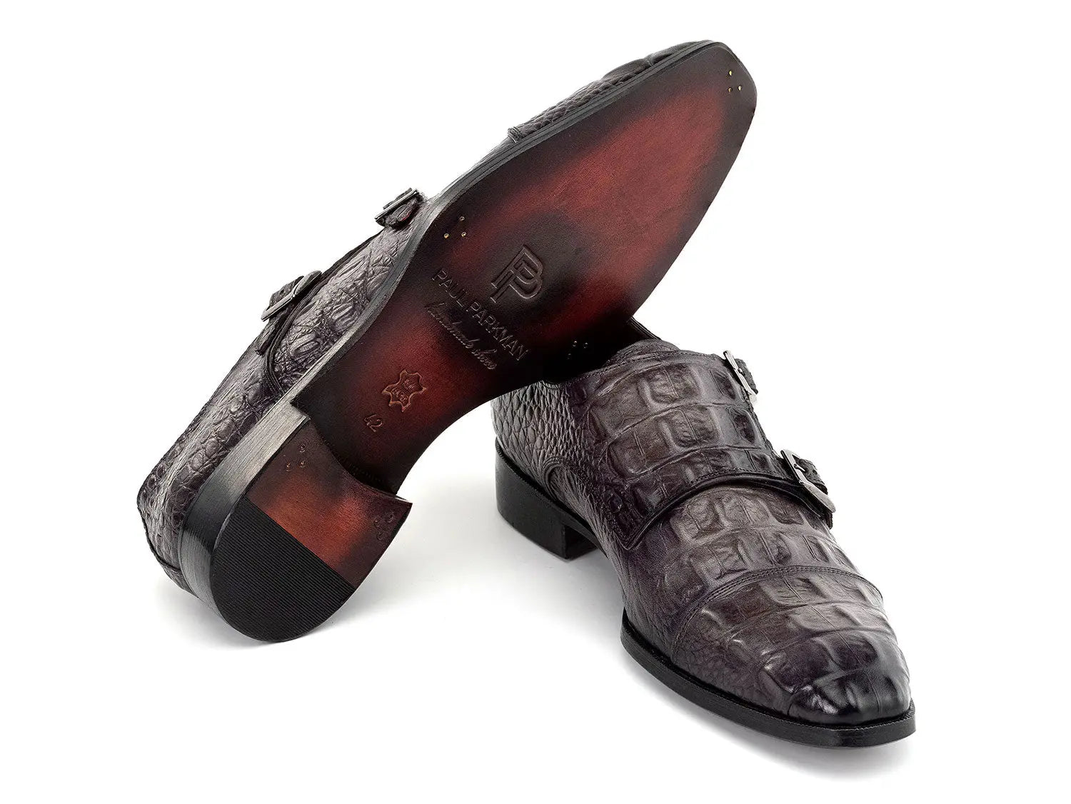 Paul Parkman Men's Gray Crocodile Textured Genuine Leather Double Monk strap Shoes (ID#045BF96) PAUL PARKMAN