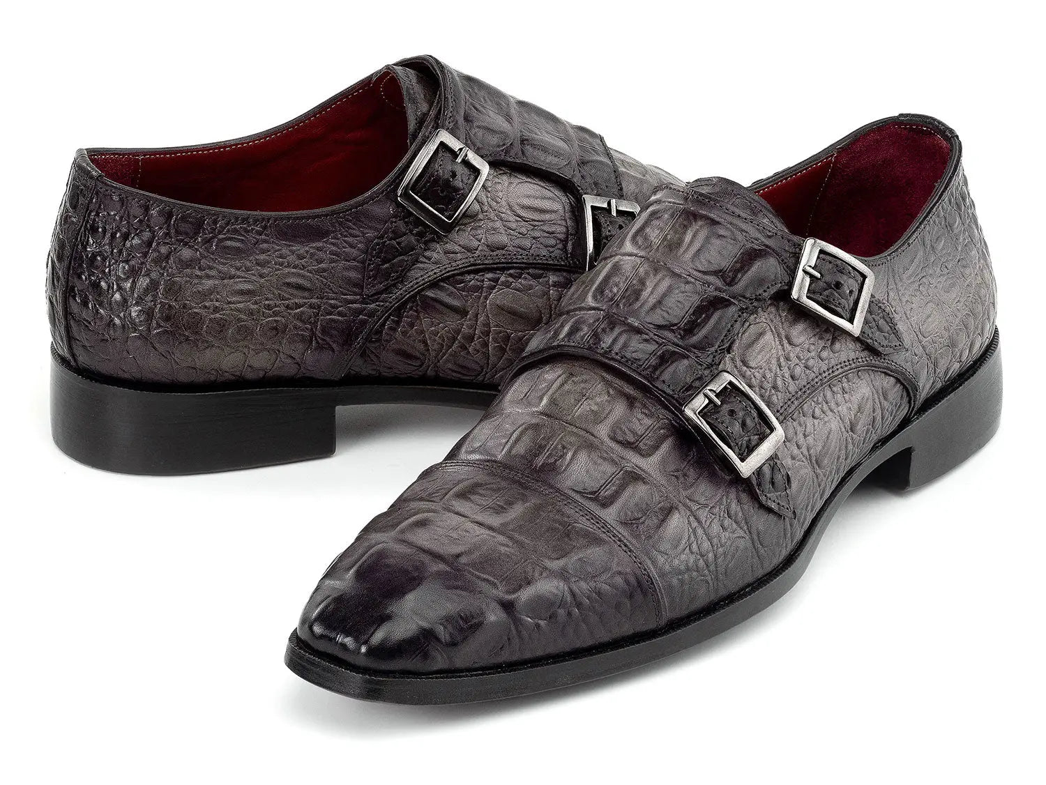 Paul Parkman Men's Gray Crocodile Textured Genuine Leather Double Monk strap Shoes (ID#045BF96) PAUL PARKMAN
