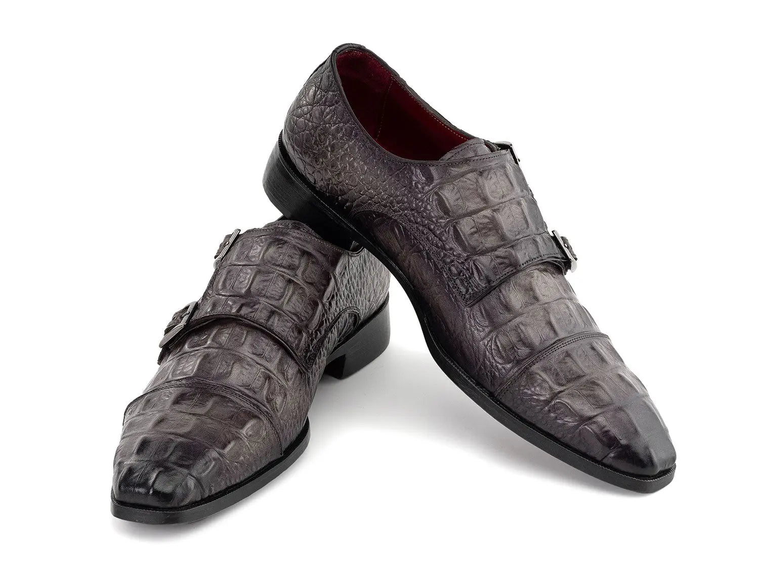 Paul Parkman Men's Gray Crocodile Textured Genuine Leather Double Monk strap Shoes (ID#045BF96) PAUL PARKMAN