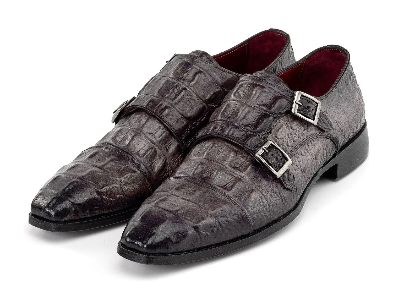 Paul Parkman Men's Gray Crocodile Textured Genuine Leather Double Monk strap Shoes (ID#045BF96) PAUL PARKMAN