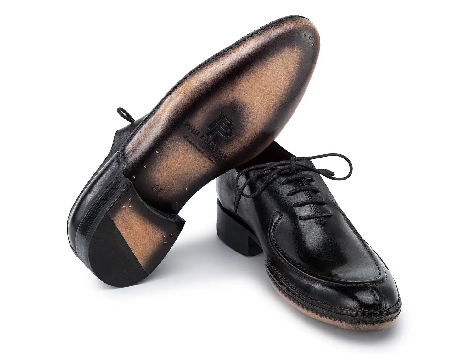 Paul Parkman Men's Black Genuine Leather Opanka Stitched Split-Toe Oxfords (ID#054-BLK) PAUL PARKMAN