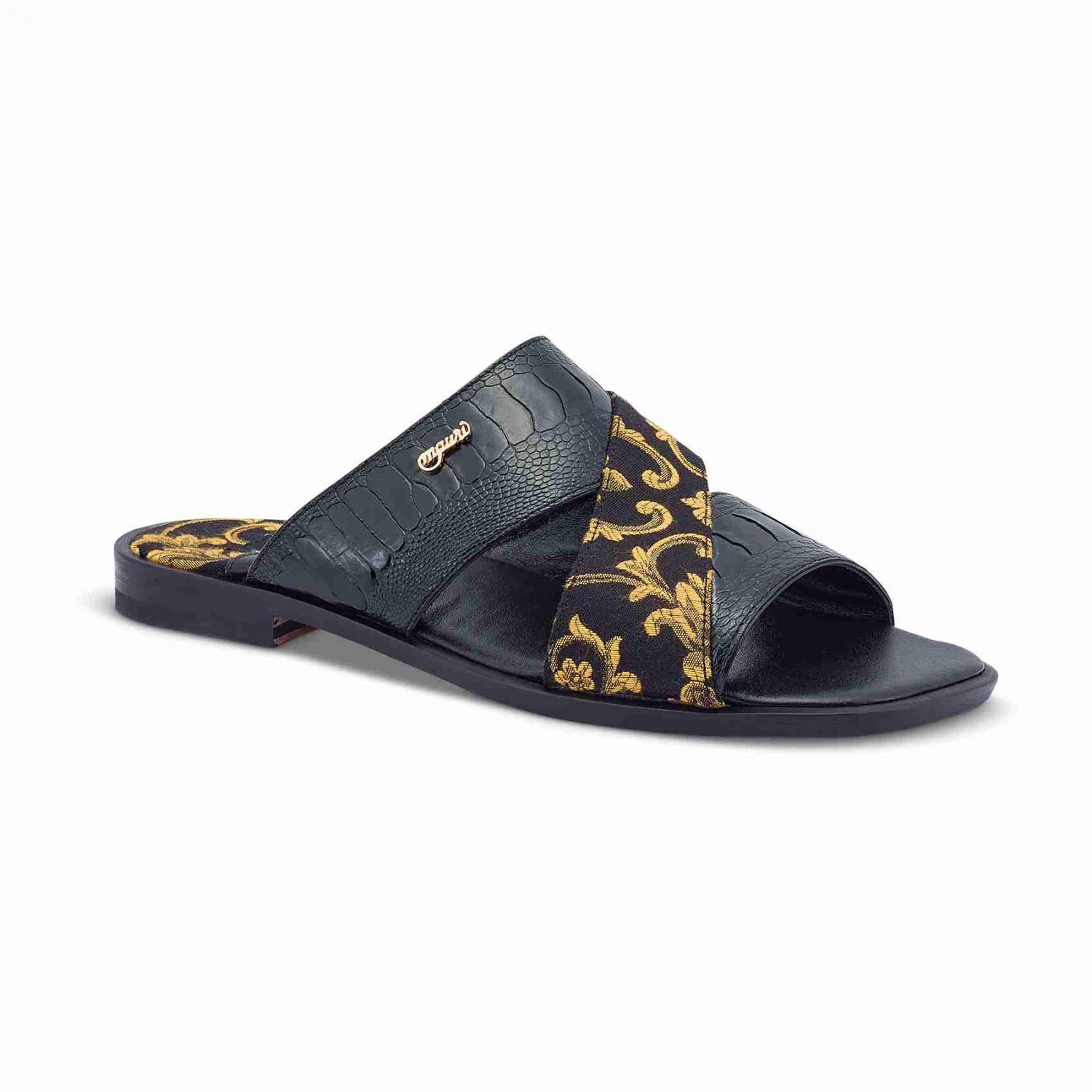 Mauri 5140 Black Genuine Ostrich Leg/Gobelins Fabric Slip-On Sandals