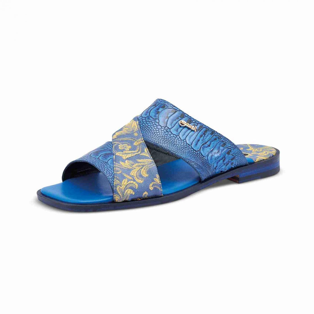 Mauri 5140 New Blue Genuine Ostrich Leg/Gobelins Fabric Slip-On Sandals