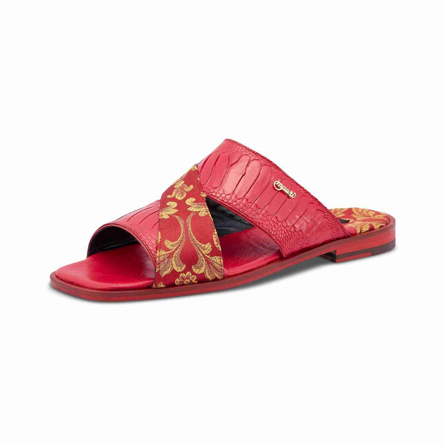 Mauri 5140 Red Genuine Ostrich Leg/Gobelins Fabric Slip-On Sandals