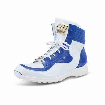 Mauri Flash 8401 Royal Blue & White Genuine Caiman Crocodile/Patent/Ostrich Leg High-Top Sneakers