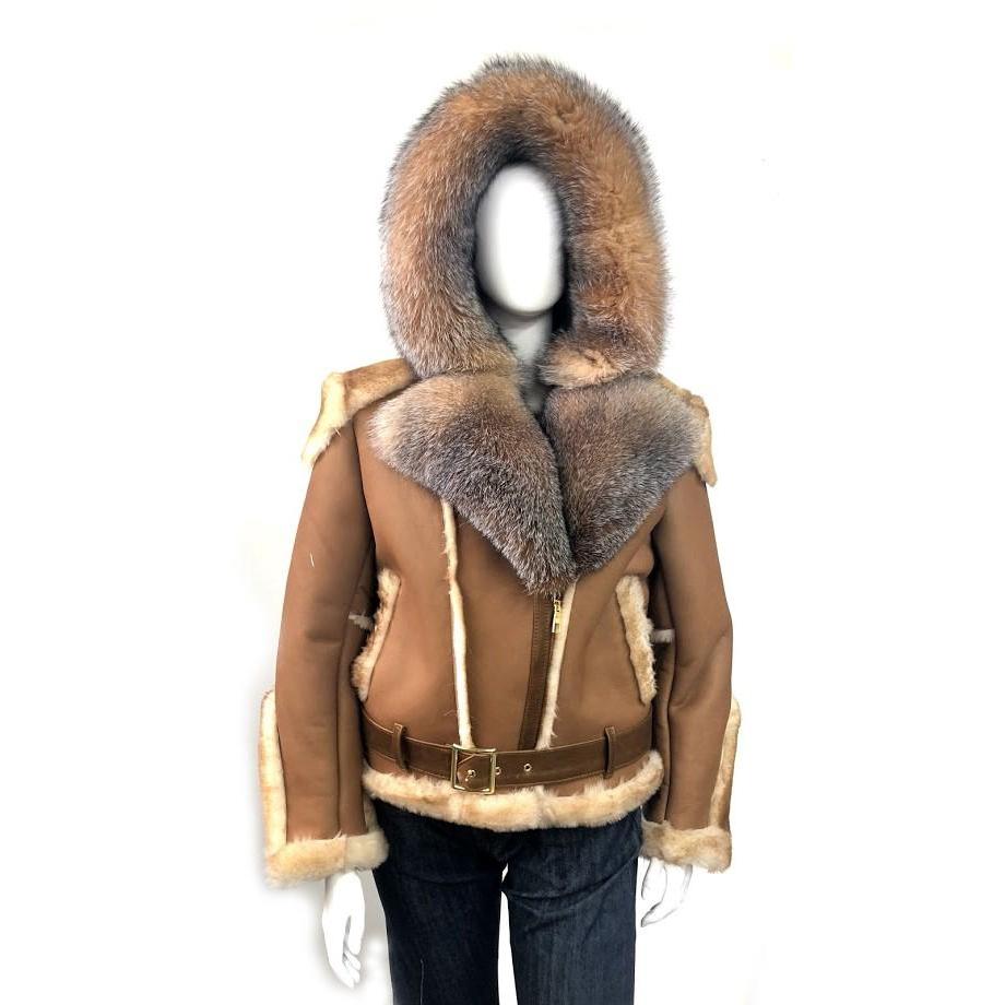 Jakewood 1025 Ladies Genuine Sheepskin Shearling/Crystal Fox Fur Motorcycle Jacket