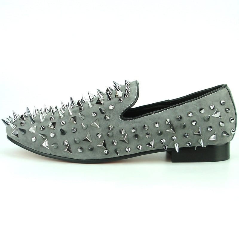 Fiesso FI-7239-S Grey Suede Silver Spikes Loafers