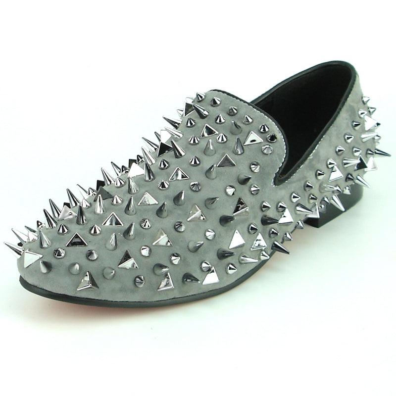 Fiesso FI-7239-S Grey Suede Silver Spikes Loafers