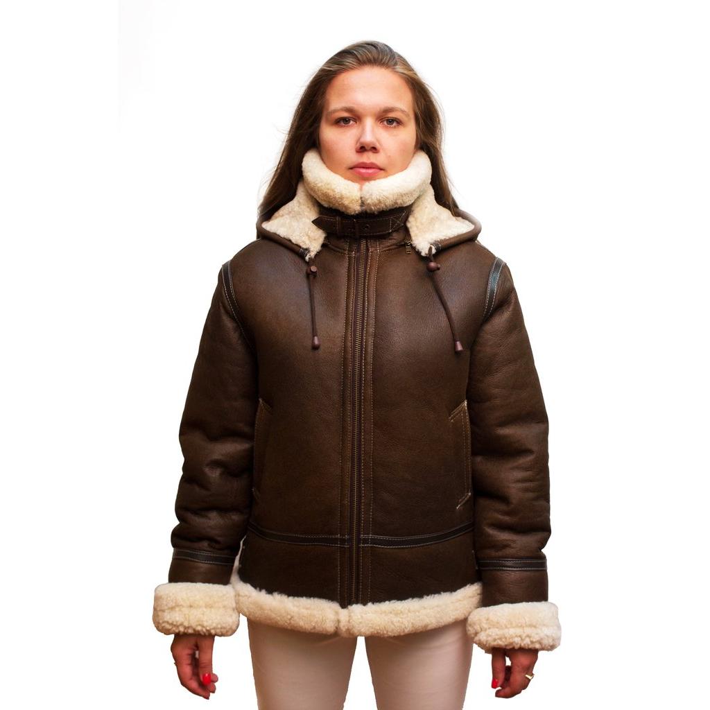 Jakewood 1050 Ladies Brown Genuine Shearling Sheepskin Aviator Jacket w/ Reversible Collar/Cuffs