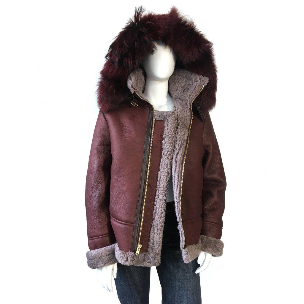 Jakewood 1050 Ladies Burgundy Genuine Shearling Sheepskin Aviator Jacket With Reversible Collar/Cuffs