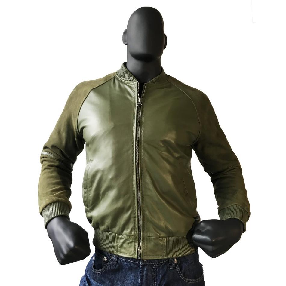 Jakewood 1055 Olive Green Genuine Lambskin/Suede Bomber Baseball Jacket