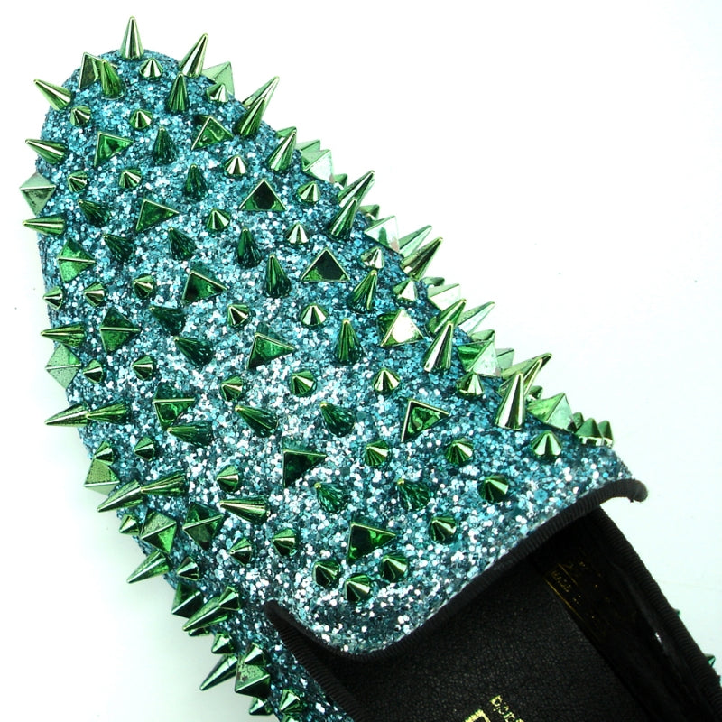 Fiesso FI-7239 Green Glitter Green Spikes Loafers