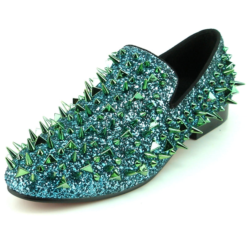 Fiesso FI-7239 Green Glitter Green Spikes Loafers