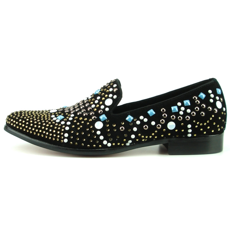 Fiesso FI-7343 Black/Multi Color Studs Loafers