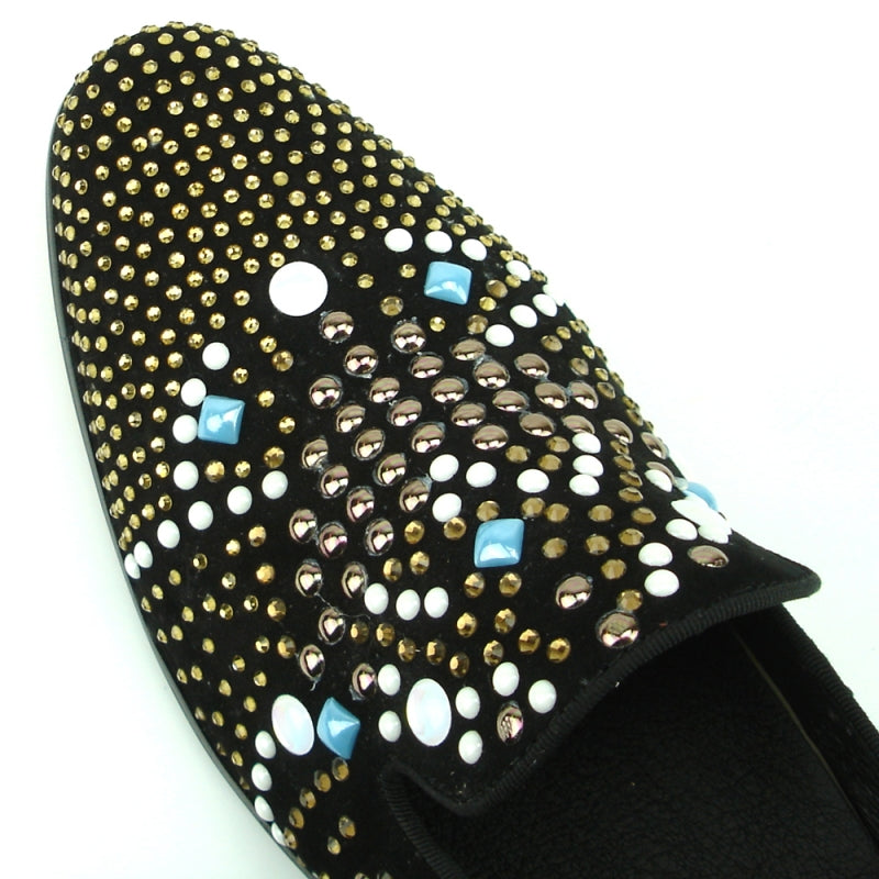 Fiesso FI-7343 Black/Multi Color Studs Loafers