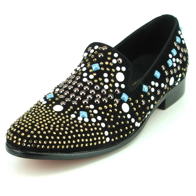 Fiesso FI-7343 Black/Multi Color Studs Loafers