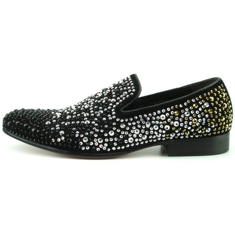 Fiesso FI-7359 Black/Silver/Gold Stones Loafers