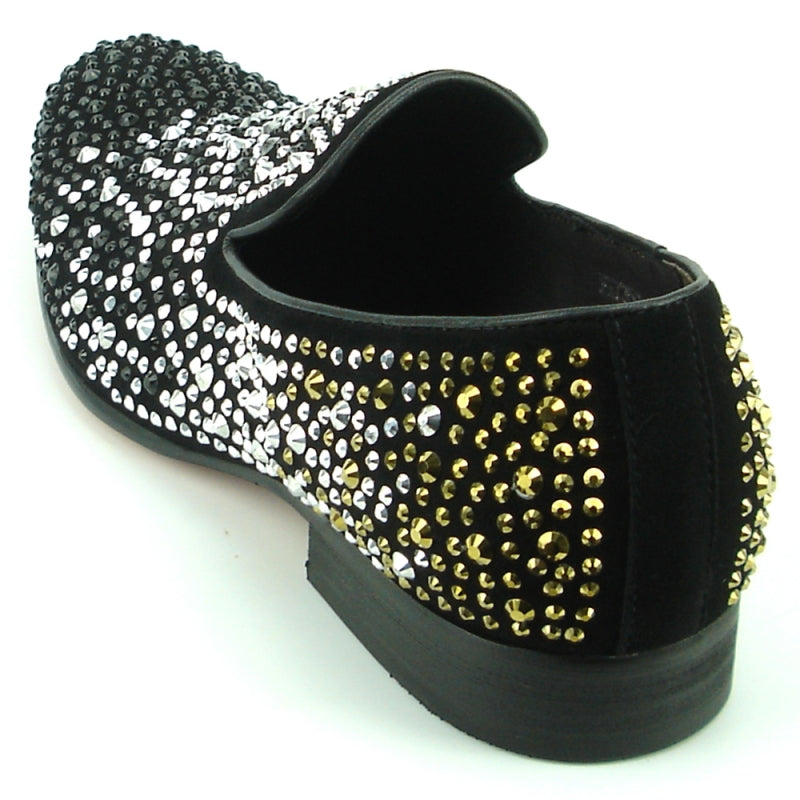 Fiesso FI-7359 Black/Silver/Gold Stones Loafers