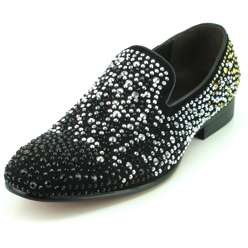 Fiesso FI-7359 Black/Silver/Gold Stones Loafers