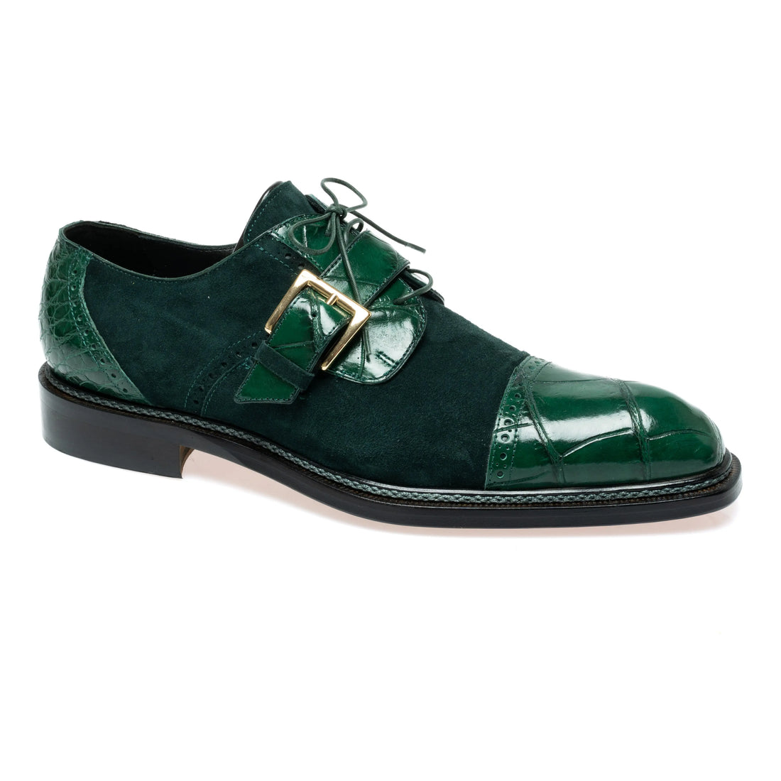Mauri 1087/4 Hunter Green Genuine Alligator/Suede Monk Strap Shoes