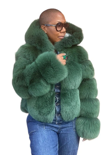 Jakewood 1098 Ladies Green Genuine Leather Fox Fur Cropped Jacket
