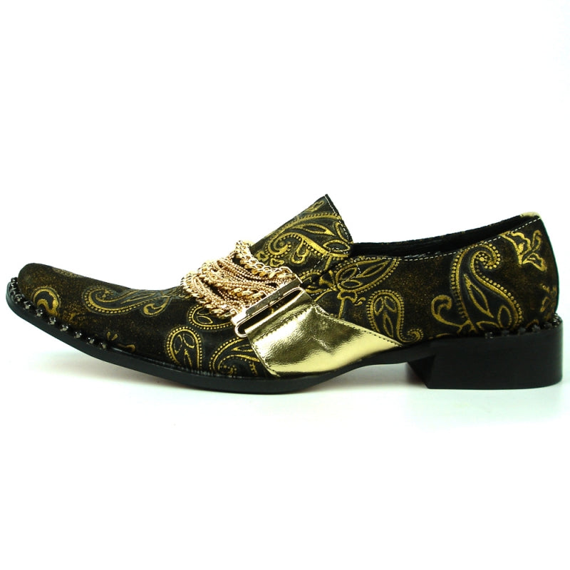 Fiesso FI-7322 Gold Chain Leather Loafers