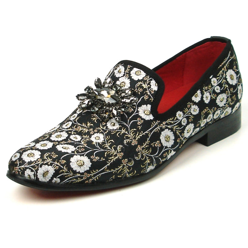 Fiesso FI-7386 Black Flowers Slip on Loafers