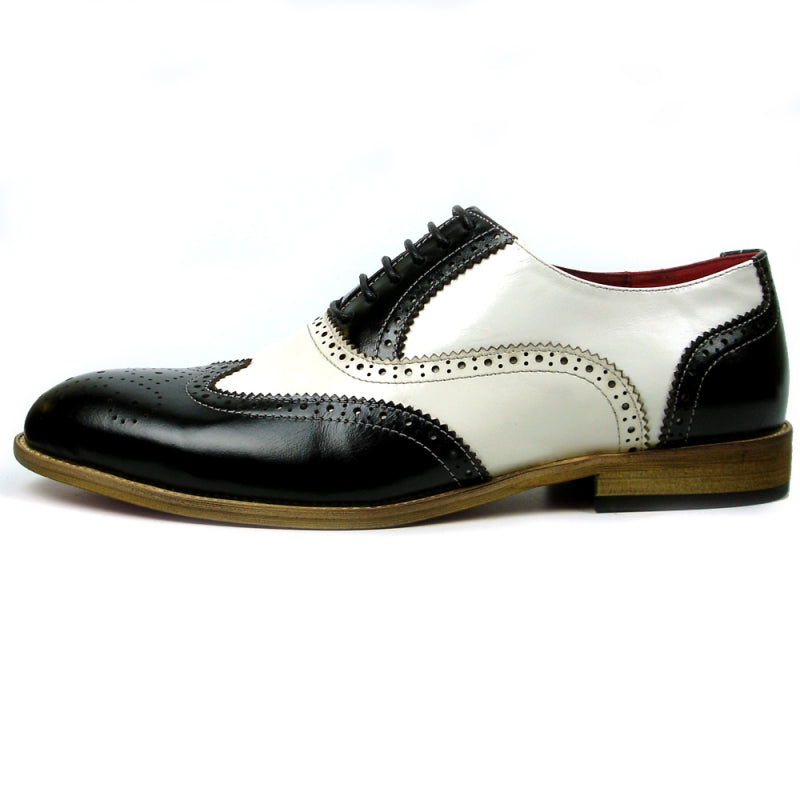 Fiesso FI-7400 Black White Wing Tip Lace Up Oxfords