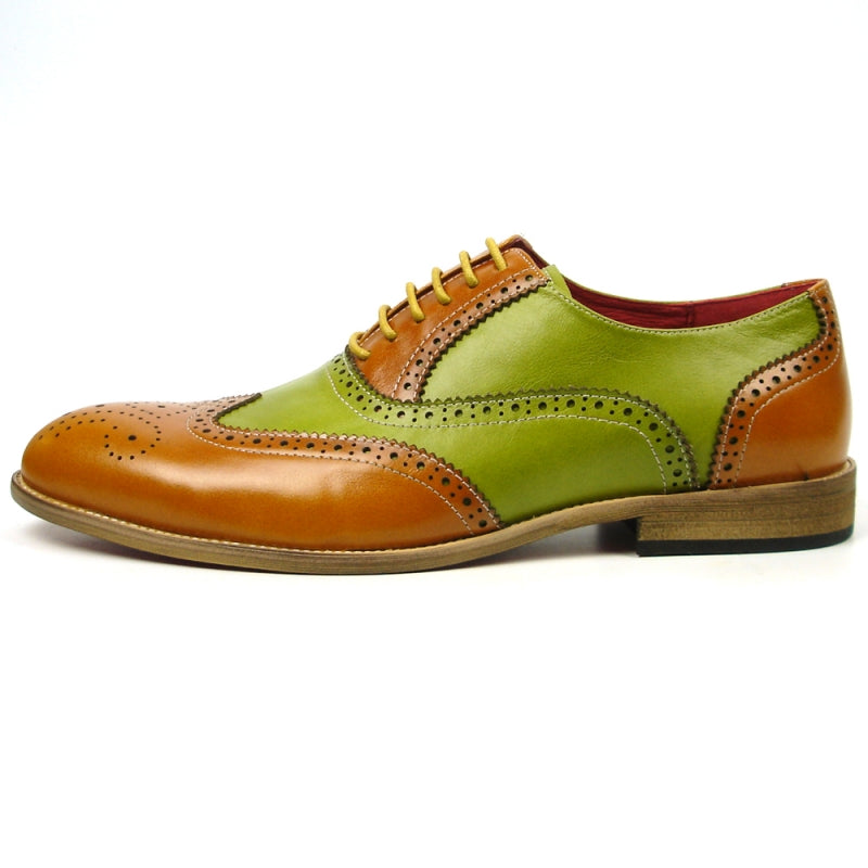 Fiesso FI-7400 Tan Green Wing Tip Lace Up Oxfords