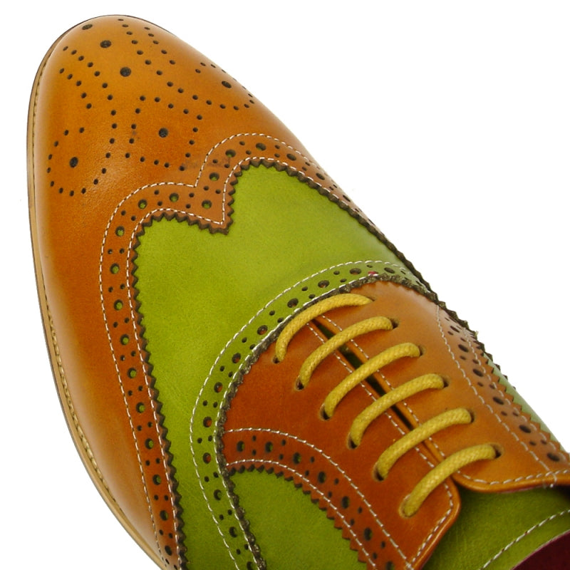 Fiesso FI-7400 Tan Green Wing Tip Lace Up Oxfords