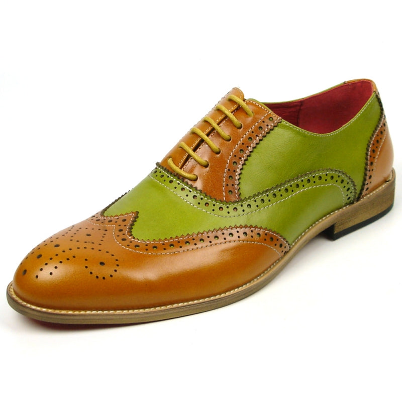 Fiesso FI-7400 Tan Green Wing Tip Lace Up Oxfords