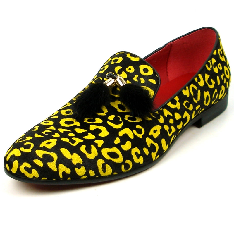 Fiesso FI-7402 Black Yellow Leopard Loafers