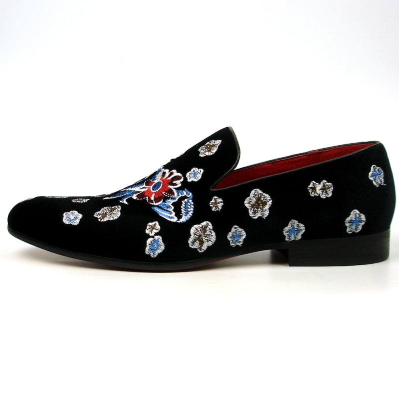 Fiesso FI-7413 Black Flower Slip on Loafers