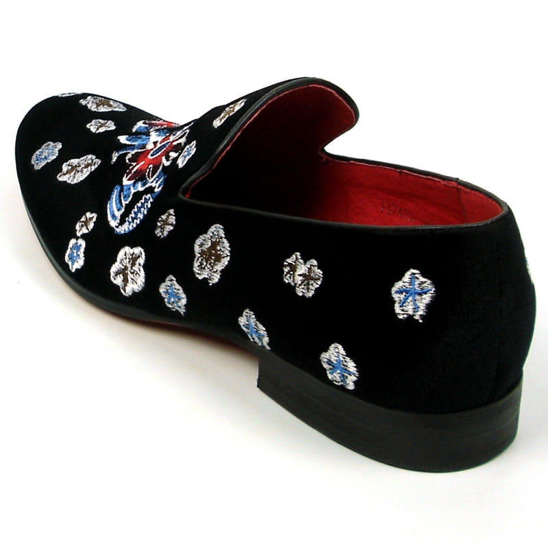 Fiesso FI-7413 Black Flower Slip on Loafers