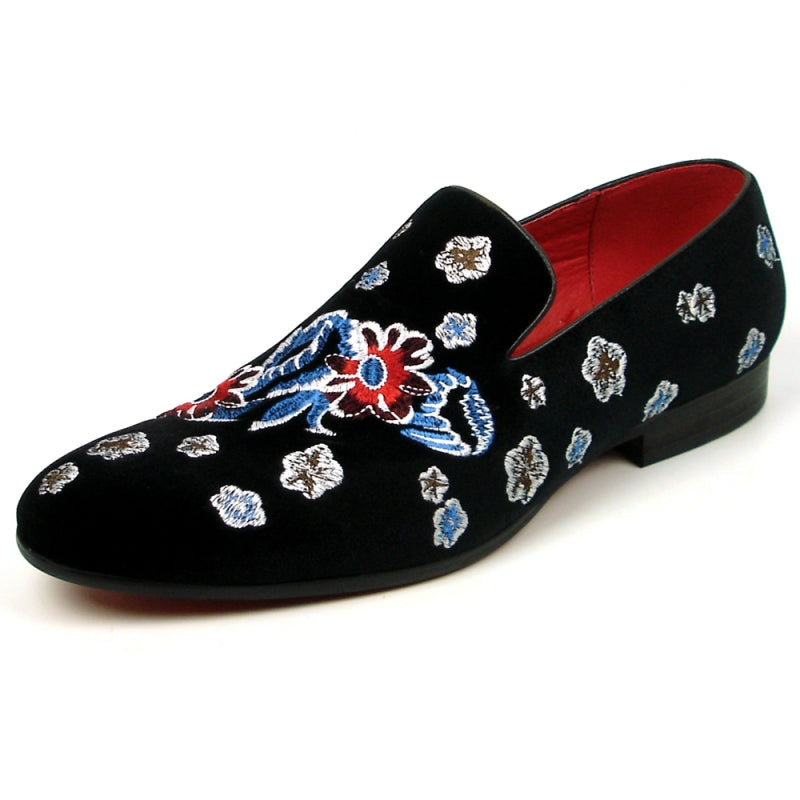 Fiesso FI-7413 Black Flower Slip on Loafers