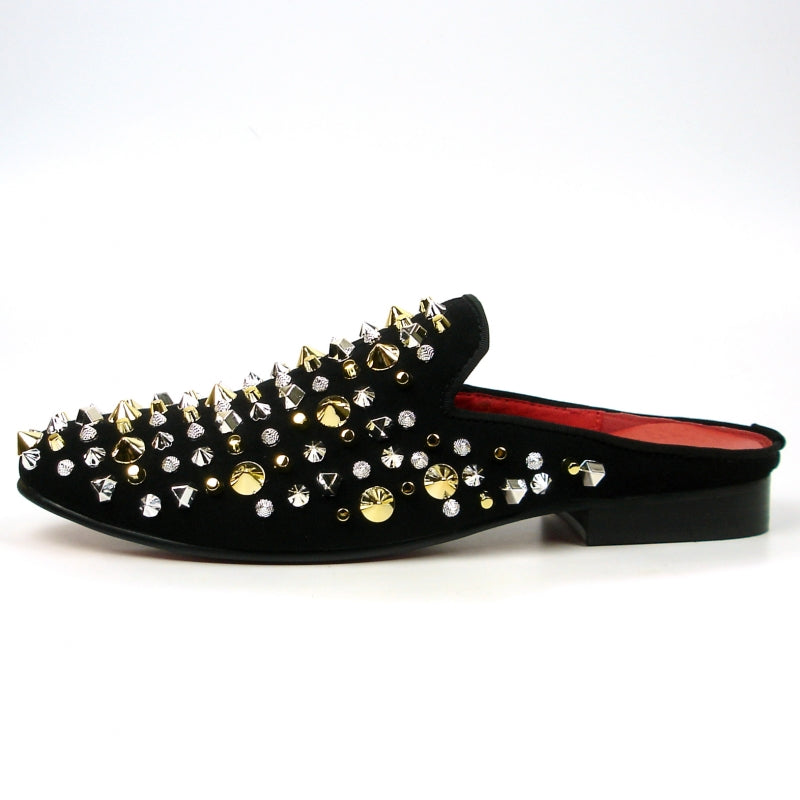 Fiesso FI-7418 Black Suede Gold/Silver Studs Sandals