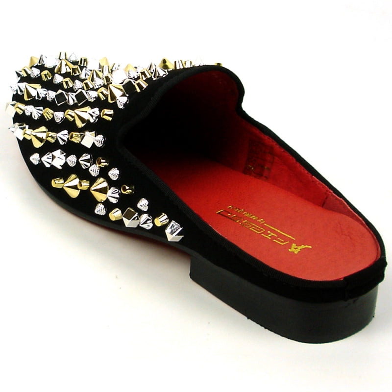 Fiesso FI-7418 Black Suede Gold/Silver Studs Sandals