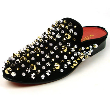 Fiesso FI-7418 Black Suede Gold/Silver Studs Sandals