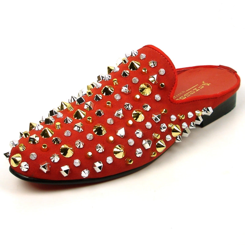 Fiesso FI-7418 Red Suede Gold/Silver Studs Sandals