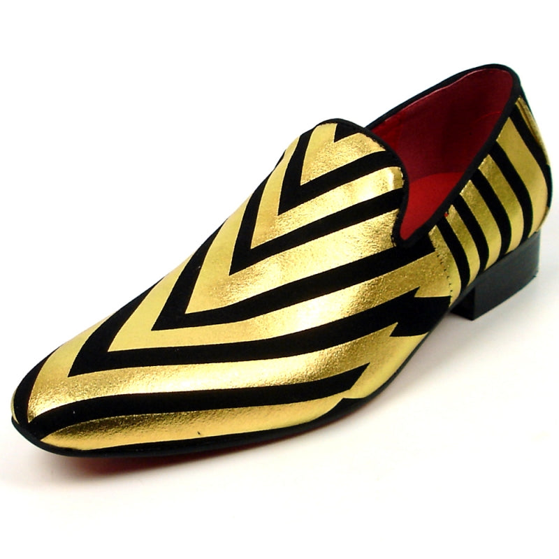 Fiesso FI-7429 Black Gold Stripes Loafers