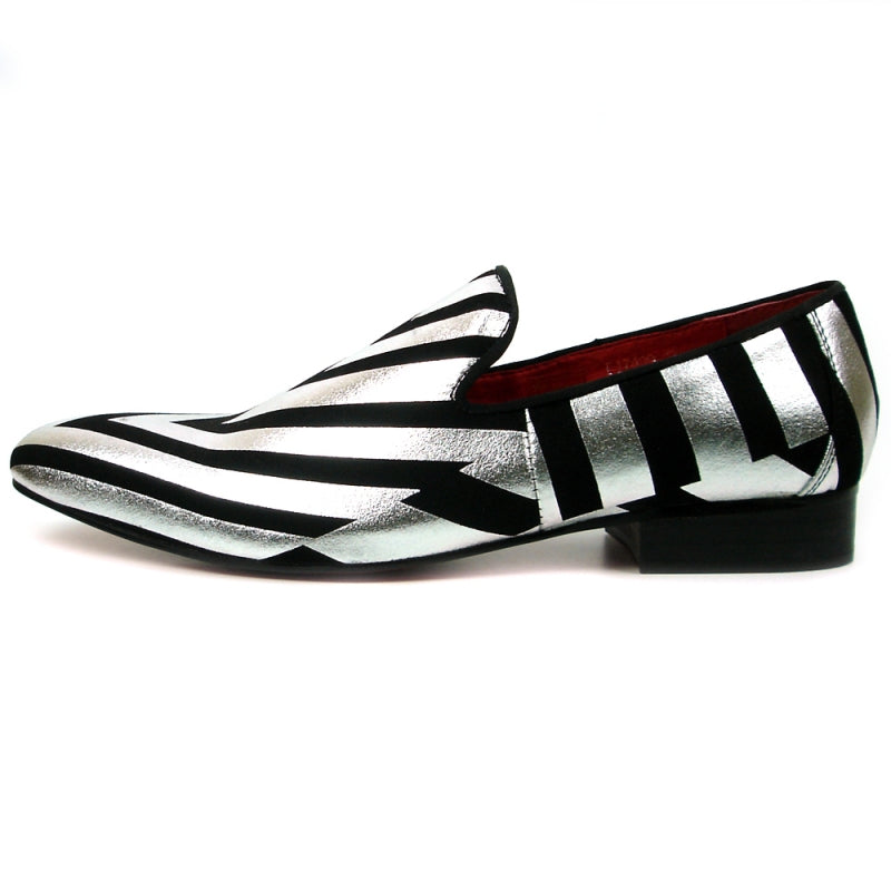 Fiesso FI-7429 Black Silver Stripes Loafers