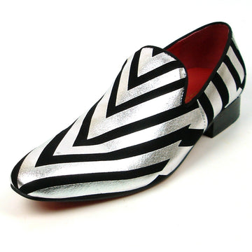 Fiesso FI-7429 Black Silver Stripes Loafers