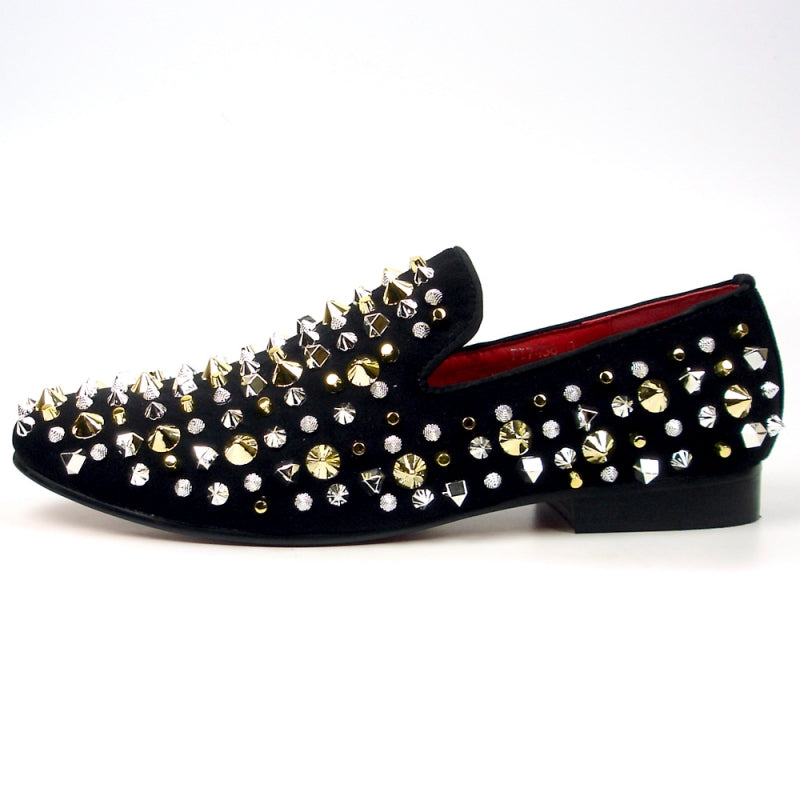 Fiesso FI-7436 Black Suede Silver/Gold Spikes Loafers