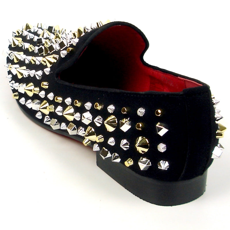 Fiesso FI-7436 Black Suede Silver/Gold Spikes Loafers