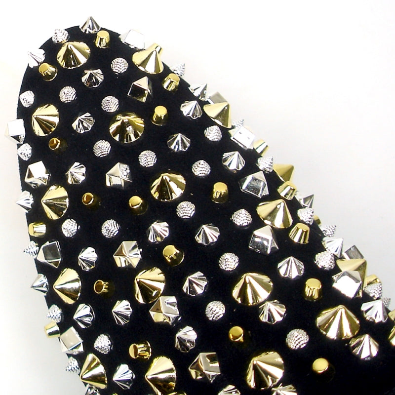 Fiesso FI-7436 Black Suede Silver/Gold Spikes Loafers