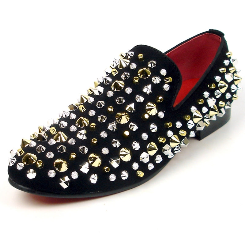 Fiesso FI-7436 Black Suede Silver/Gold Spikes Loafers