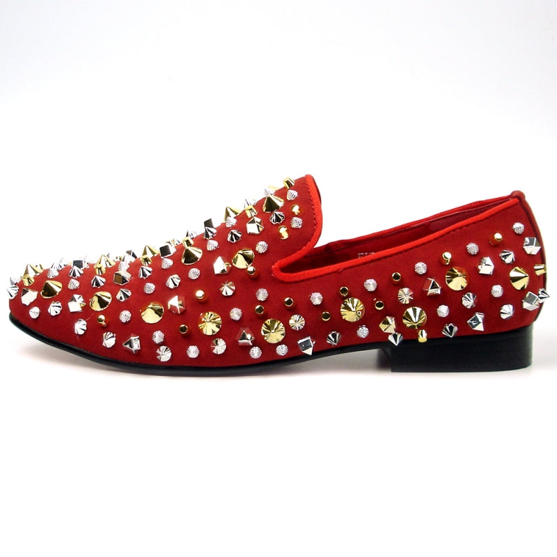 Fiesso FI-7436 Red Suede Silver/Gold Spikes Loafers